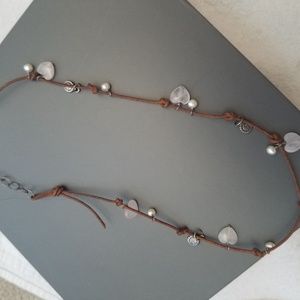 Leather, silver, and rose quartz necklace